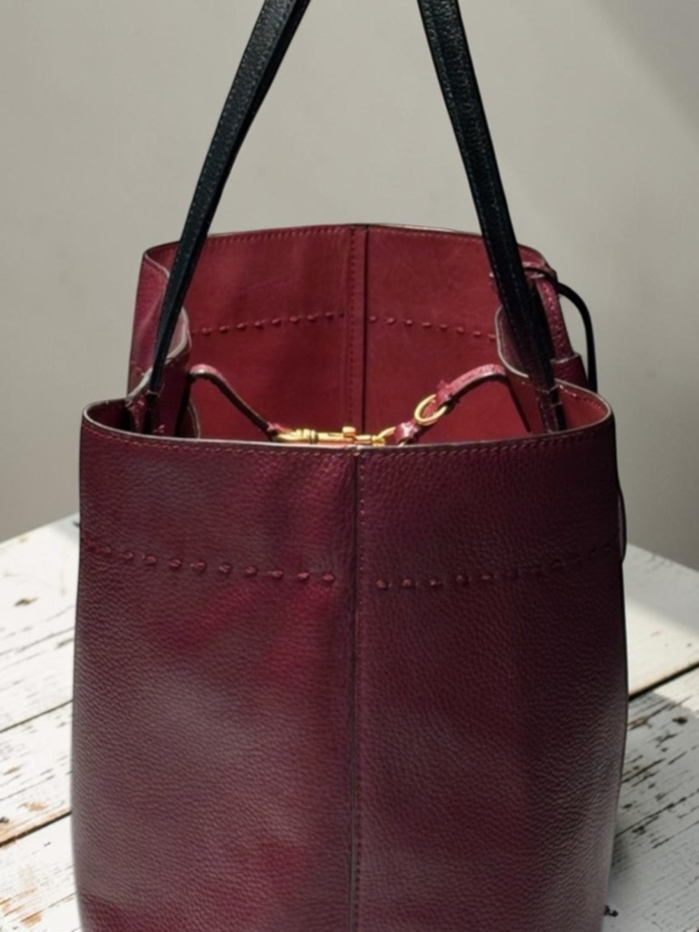 Tory Burch McGraw Leather Tote- Wine Red with Black Handles - Picture 4 of 15